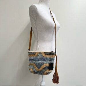 Made in India woven rag rug convertible crossbody bag clutch leather accents
